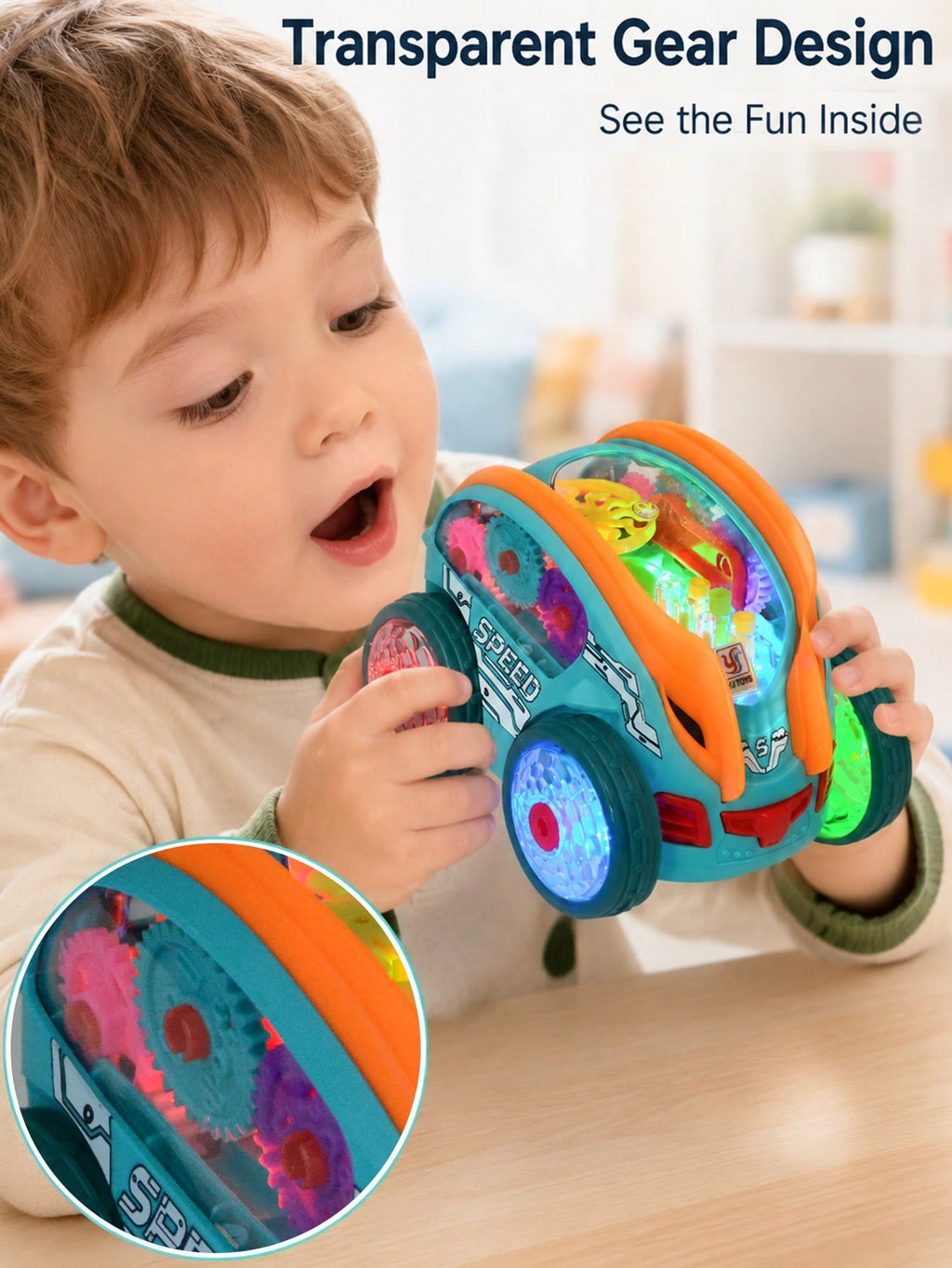 Transparent Gear Toy Car with Glowing Lights, 360° Rotation and Obstacle Avoidance, Colorful Moving Gear Sensory Vehicle for Kids