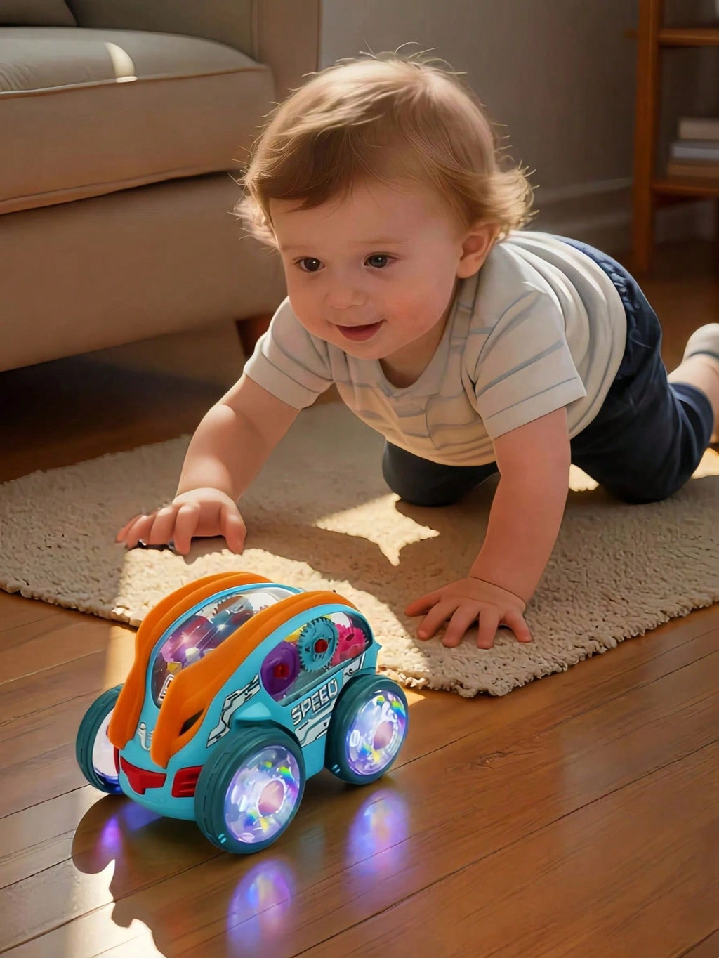 Transparent Gear Toy Car with Glowing Lights, 360° Rotation and Obstacle Avoidance, Colorful Moving Gear Sensory Vehicle for Kids
