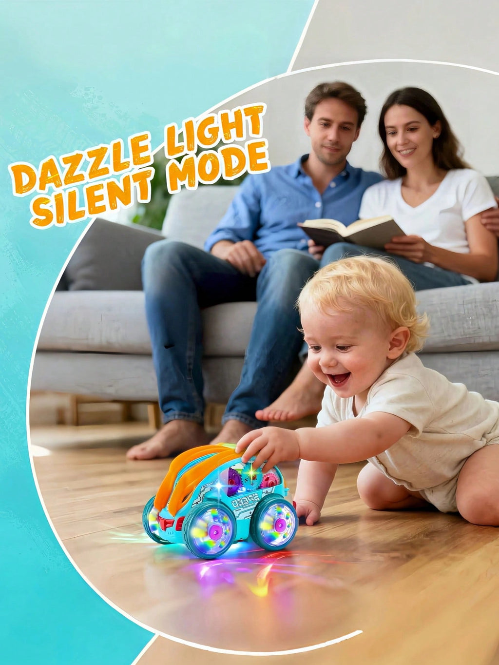 Transparent Gear Toy Car with Glowing Lights, 360° Rotation and Obstacle Avoidance, Colorful Moving Gear Sensory Vehicle for Kids