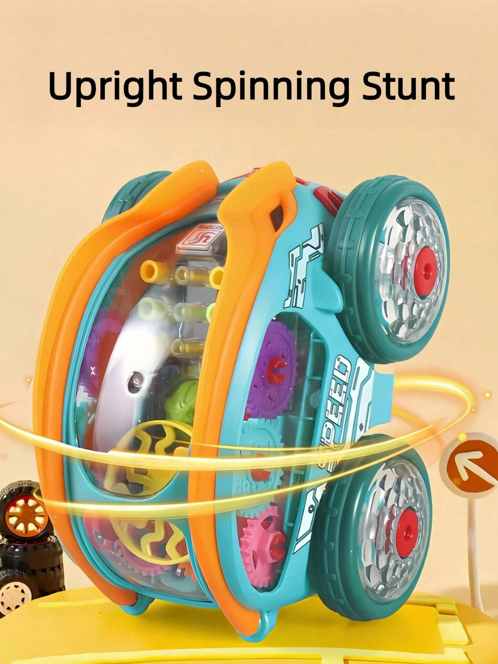 Transparent Gear Toy Car with Glowing Lights, 360° Rotation and Obstacle Avoidance, Colorful Moving Gear Sensory Vehicle for Kids