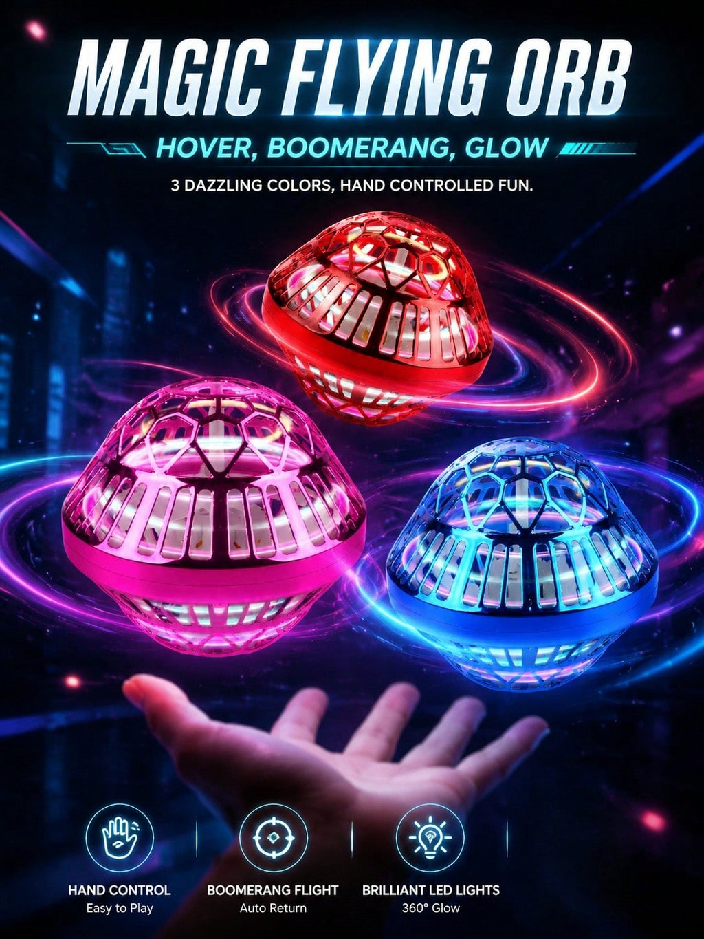 Flying Orb Ball Toy with LED Lights, Auto-Rebound Hand-Controlled Hovering Spinner for Indoor Outdoor Play, Gifts for Boys and Girls Ages 6+