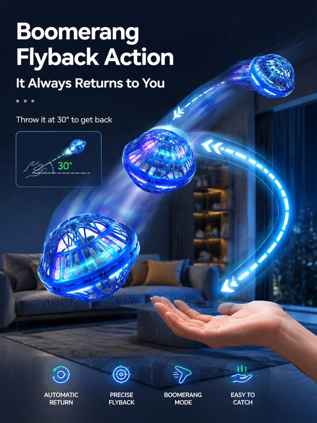 Flying Orb Ball Toy with LED Lights, Auto-Rebound Hand-Controlled Hovering Spinner for Indoor Outdoor Play, Gifts for Boys and Girls Ages 6+