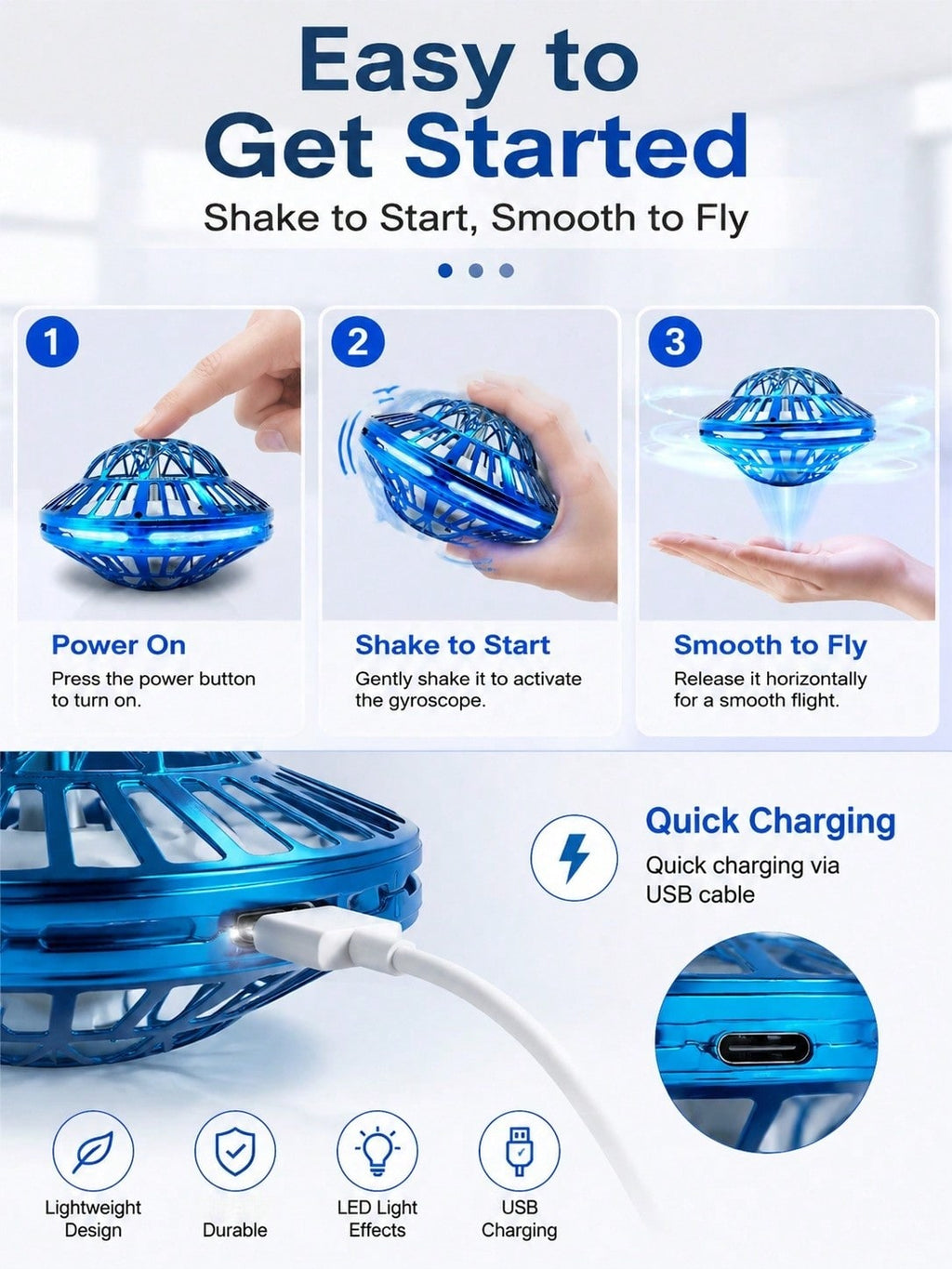 Flying Orb Ball Toy with LED Lights, Auto-Rebound Hand-Controlled Hovering Spinner for Indoor Outdoor Play, Gifts for Boys and Girls Ages 6+