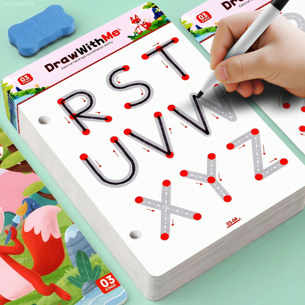 Reusable Handwriting Practice Book for Kids, 28 Themes of Letter and Number Pen Control Activities with Connect-the-Dots, 3 Markers and Eraser