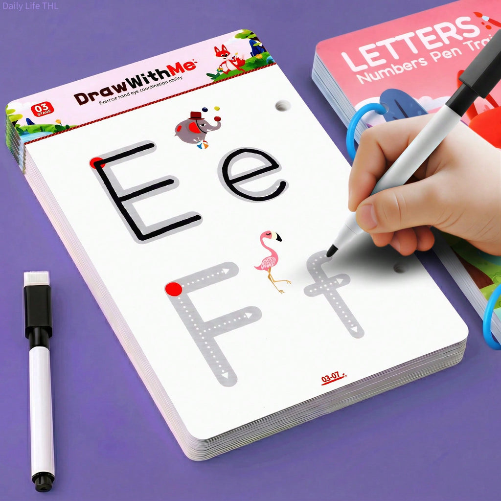 Reusable Handwriting Practice Book for Kids, 28 Themes of Letter and Number Pen Control Activities with Connect-the-Dots, 3 Markers and Eraser