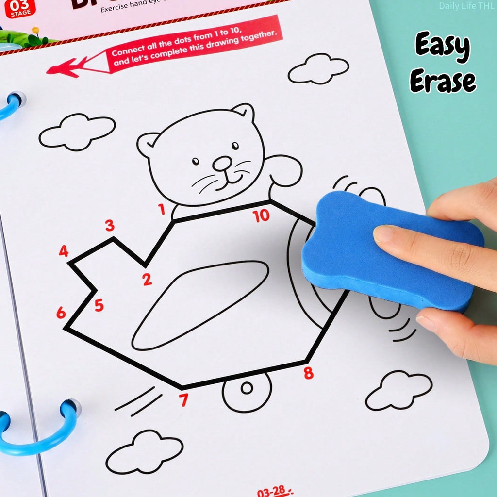 Reusable Handwriting Practice Book for Kids, 28 Themes of Letter and Number Pen Control Activities with Connect-the-Dots, 3 Markers and Eraser