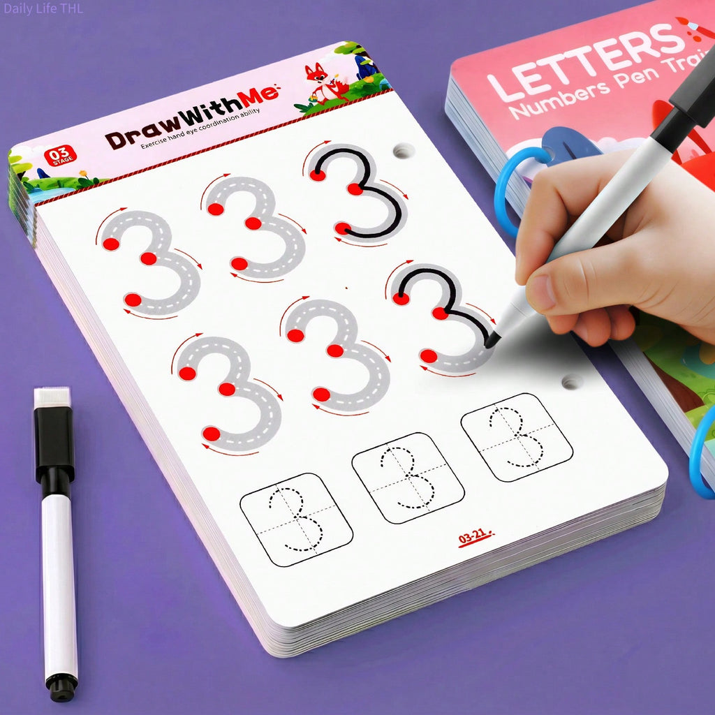 Reusable Handwriting Practice Book for Kids, 28 Themes of Letter and Number Pen Control Activities with Connect-the-Dots, 3 Markers and Eraser
