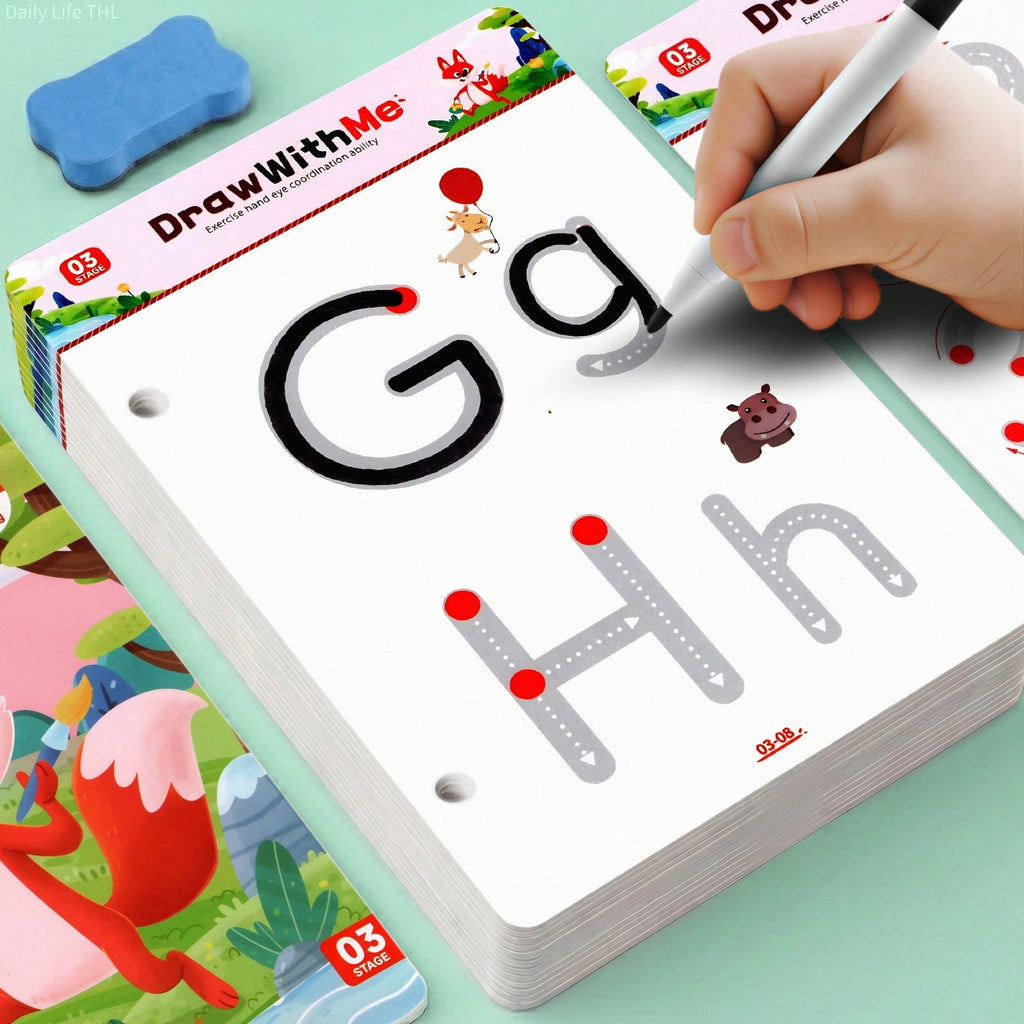 Reusable Handwriting Practice Book for Kids, 28 Themes of Letter and Number Pen Control Activities with Connect-the-Dots, 3 Markers and Eraser
