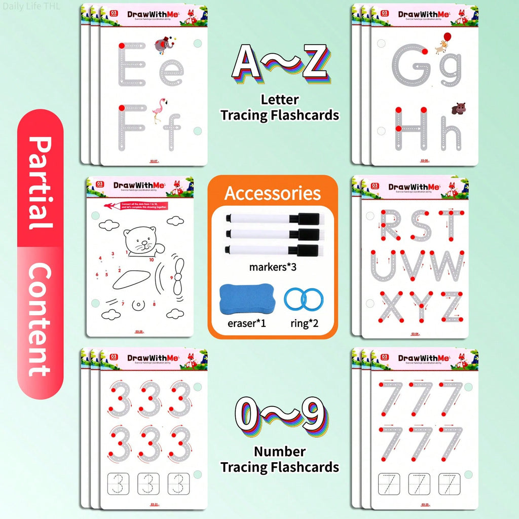 Reusable Handwriting Practice Book for Kids, 28 Themes of Letter and Number Pen Control Activities with Connect-the-Dots, 3 Markers and Eraser