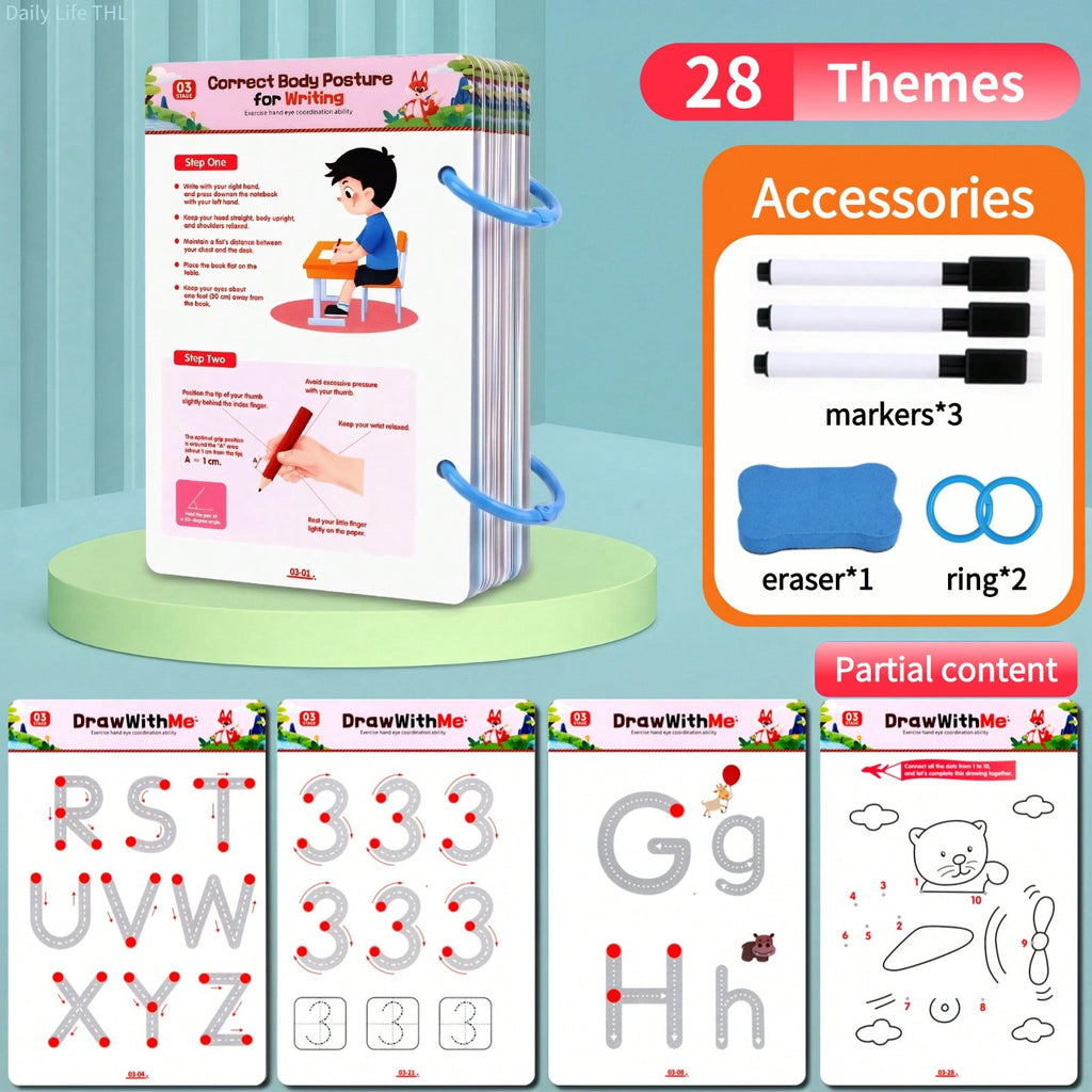 Reusable Handwriting Practice Book for Kids, 28 Themes of Letter and Number Pen Control Activities with Connect-the-Dots, 3 Markers and Eraser