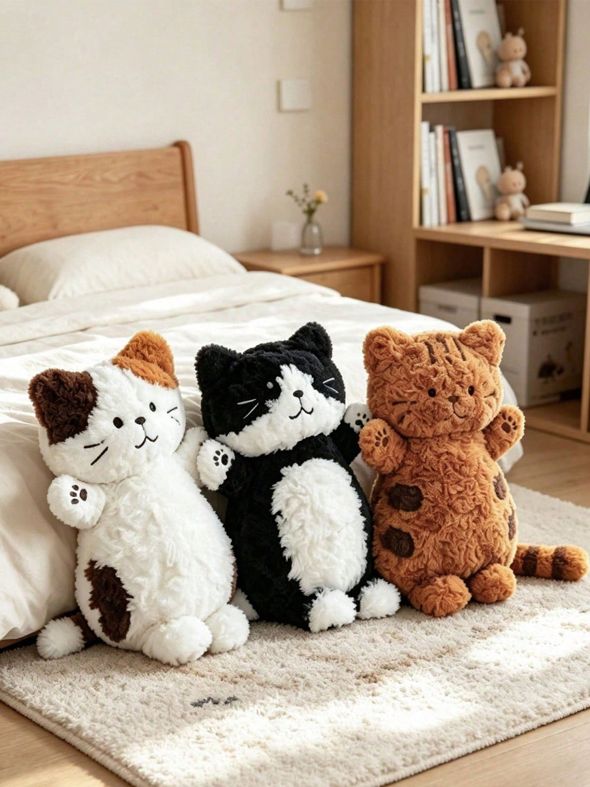 Long Fur Cat Plush Doll, 25cm Soft Kitten Stuffed Animal Pillow in Black, White or Brown for Bedroom Decor, Birthday and Holiday Gifts
