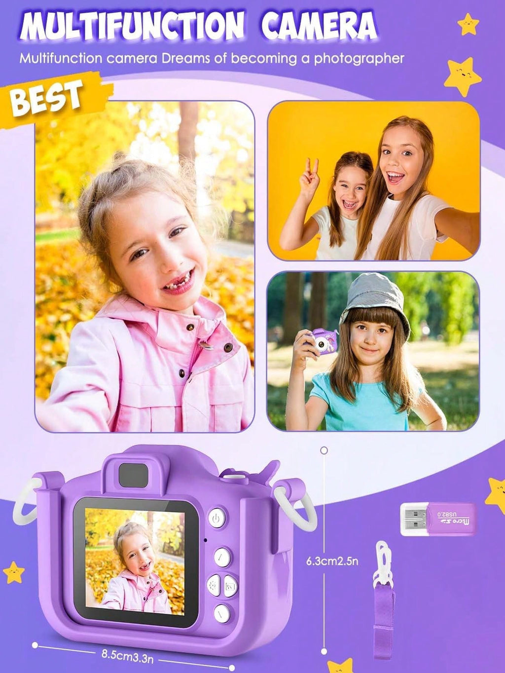 Unicorn Kids Digital Camera with 32GB SD Card and Card Reader, Rechargeable Selfie Photo Video Camera Toy with Games for Ages 3-12, Pink or Purple