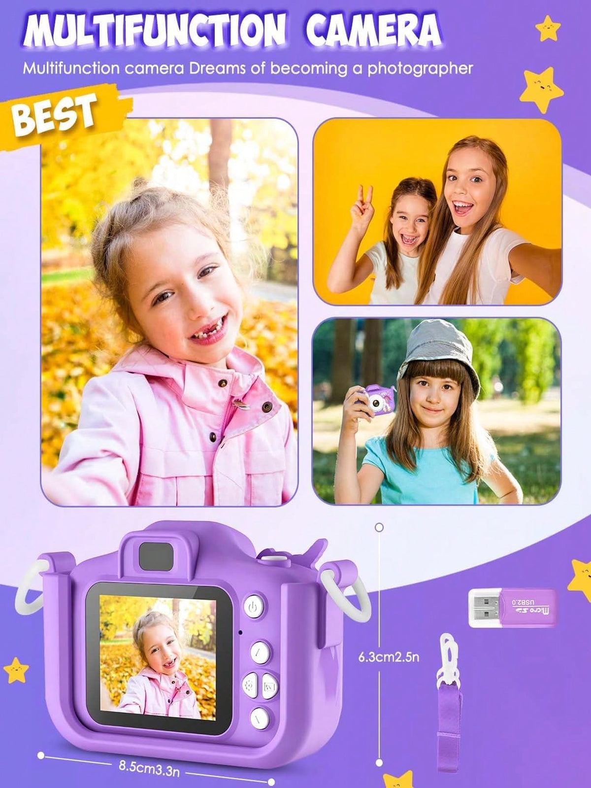 Unicorn Kids Digital Camera with 32GB SD Card and Card Reader, Rechargeable Selfie Photo Video Camera Toy with Games for Ages 3-12, Pink or Purple