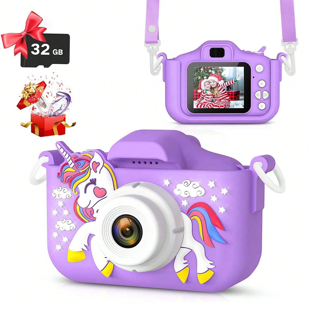 Unicorn Kids Digital Camera with 32GB SD Card and Card Reader, Rechargeable Selfie Photo Video Camera Toy with Games for Ages 3-12, Pink or Purple