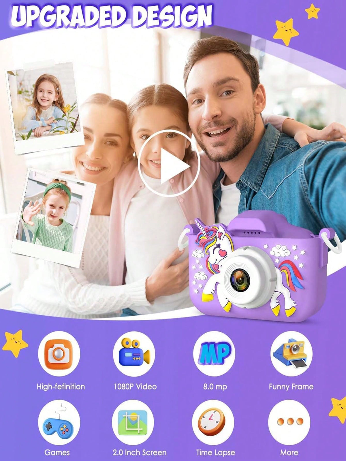 Unicorn Kids Digital Camera with 32GB SD Card and Card Reader, Rechargeable Selfie Photo Video Camera Toy with Games for Ages 3-12, Pink or Purple