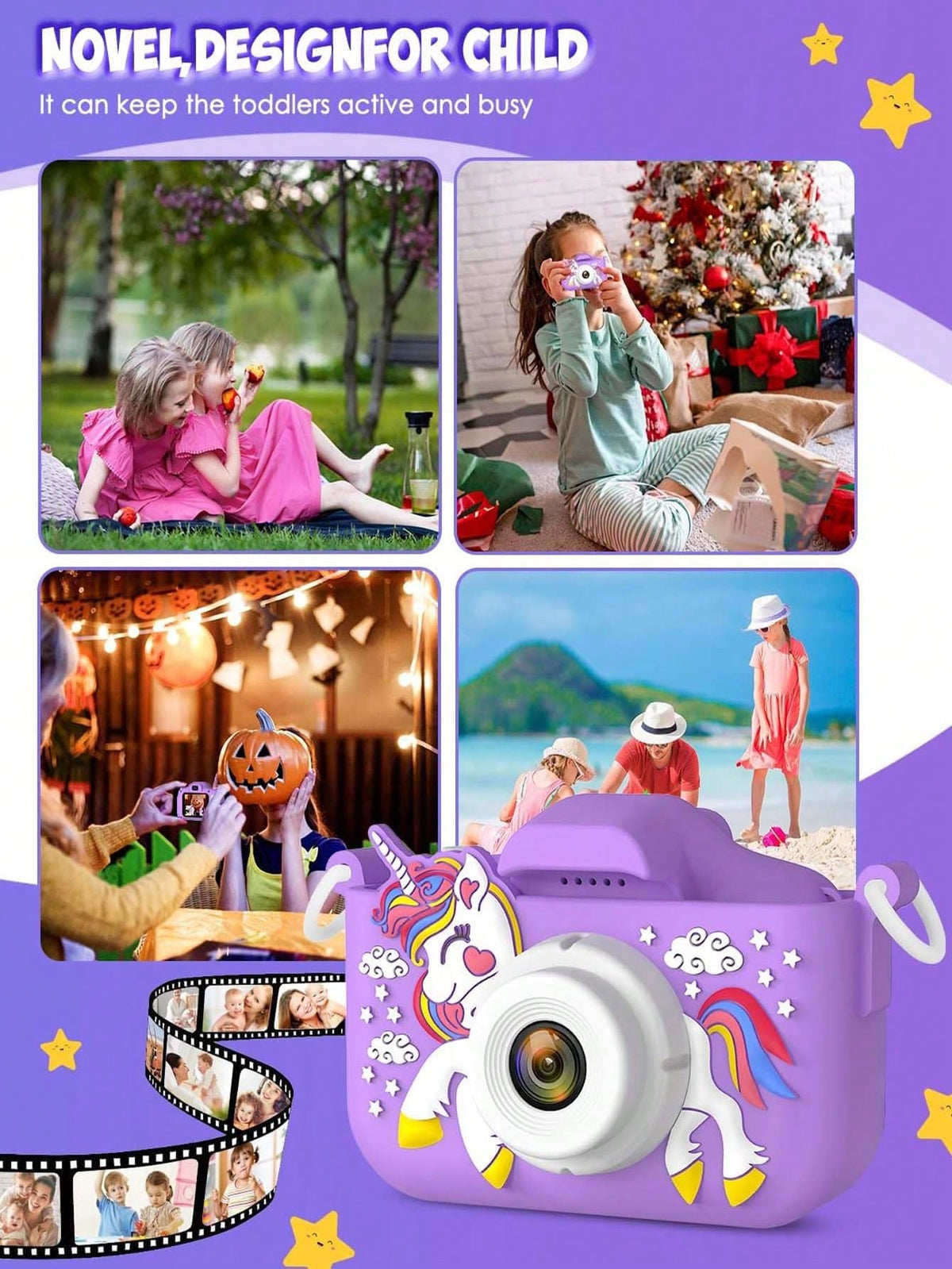 Unicorn Kids Digital Camera with 32GB SD Card and Card Reader, Rechargeable Selfie Photo Video Camera Toy with Games for Ages 3-12, Pink or Purple