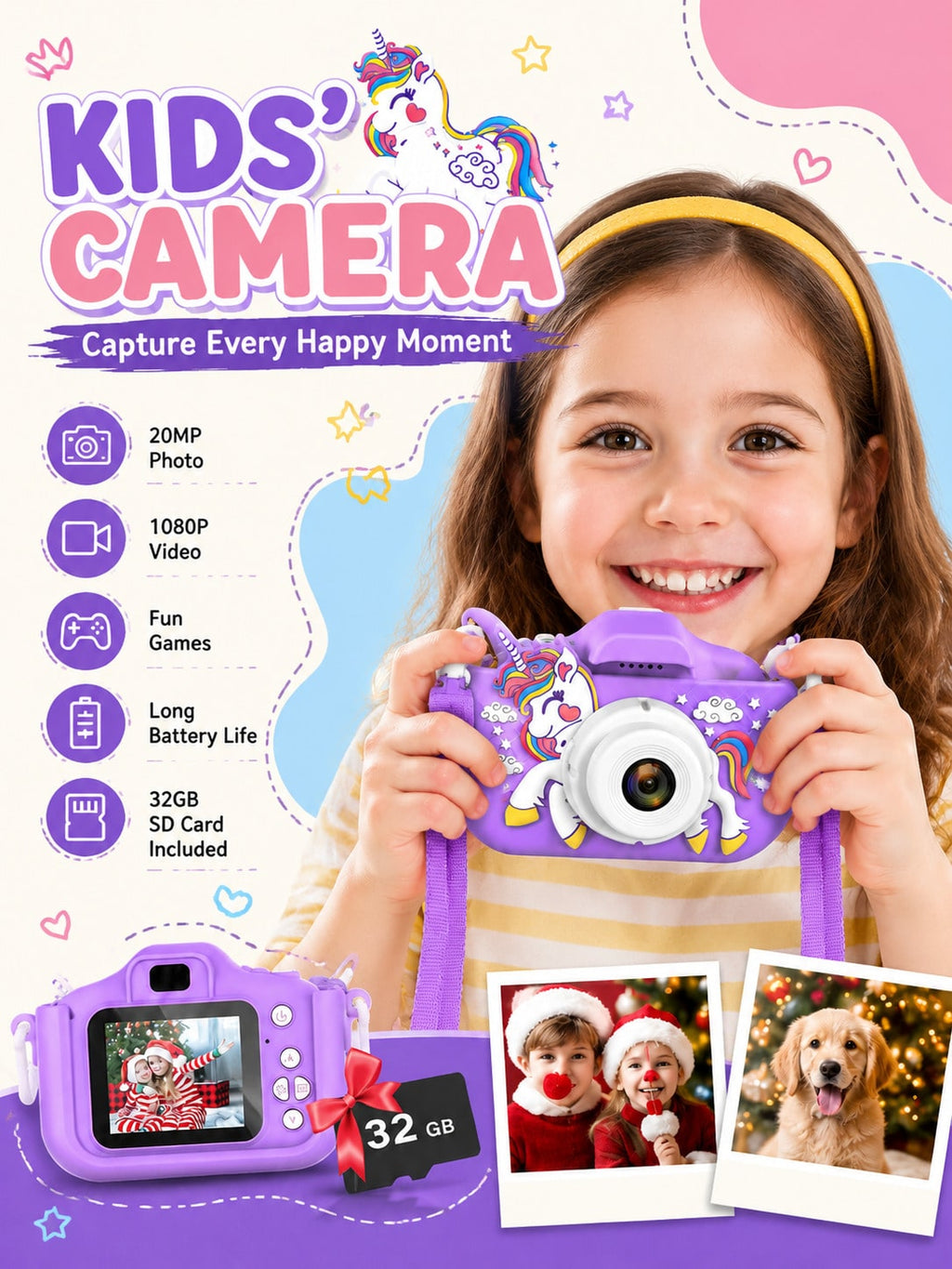 Unicorn Kids Digital Camera with 32GB SD Card and Card Reader, Rechargeable Selfie Photo Video Camera Toy with Games for Ages 3-12, Pink or Purple