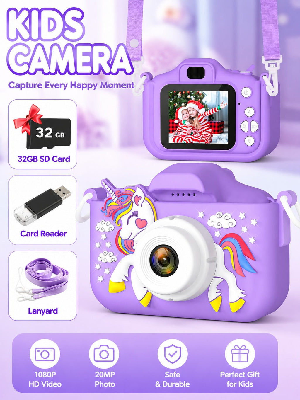 Unicorn Kids Digital Camera with 32GB SD Card and Card Reader, Rechargeable Selfie Photo Video Camera Toy with Games for Ages 3-12, Pink or Purple