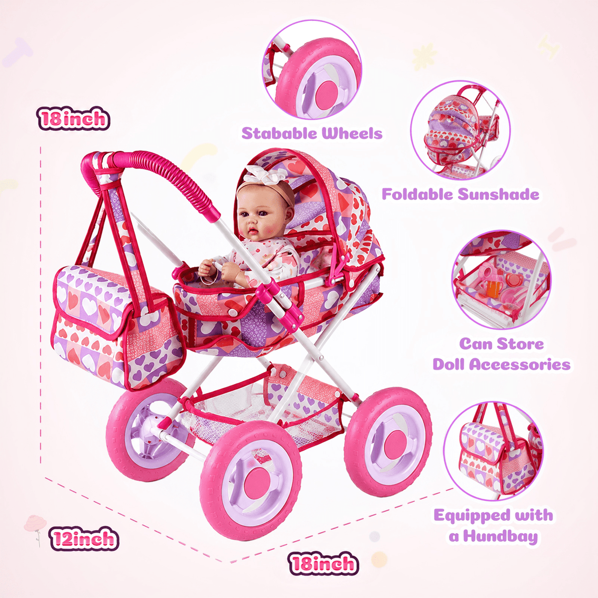 Doll Feeding Accessories for 12 Inch Baby Dolls, BABESIDE 10 Piece Pretend Play Care Set for Kids Ages 3+, Multicolor Gift, Doll Not Included