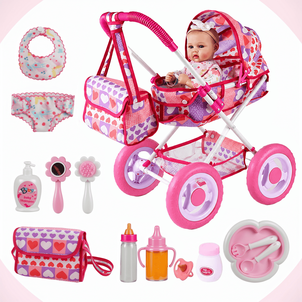 Doll Feeding Accessories for 12 Inch Baby Dolls, BABESIDE 10 Piece Pretend Play Care Set for Kids Ages 3+, Multicolor Gift, Doll Not Included