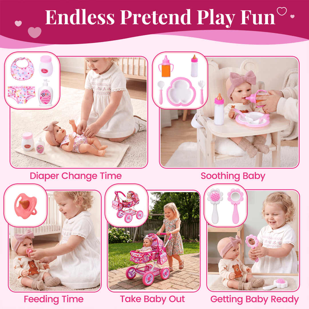 Doll Feeding Accessories for 12 Inch Baby Dolls, BABESIDE 10 Piece Pretend Play Care Set for Kids Ages 3+, Multicolor Gift, Doll Not Included