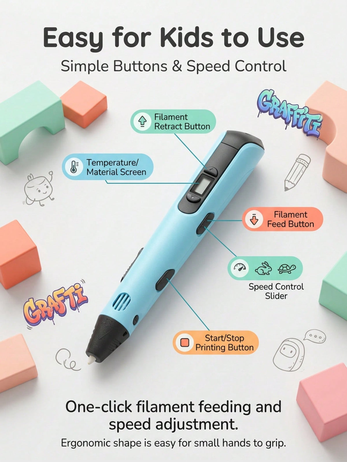 3D Doodle Pen for Kids with 3 Adjustable Speeds and One-Click Filament Replacement, Creative DIY Drawing Tool with Separate Refill Options