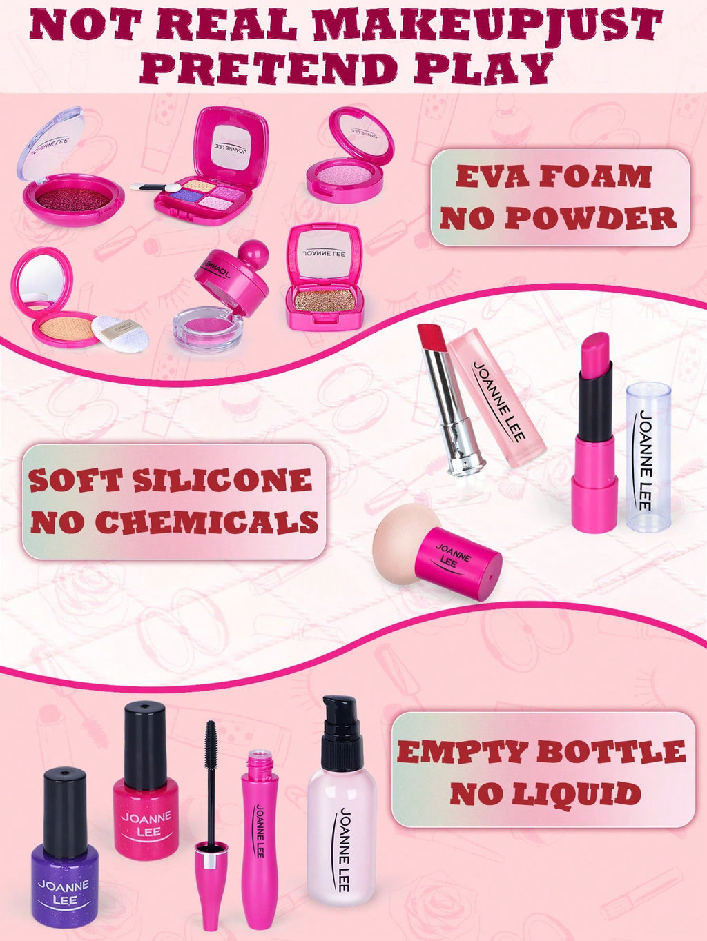 Pretend Makeup Kit for Kids, Hot Pink Makeup Bag Style for Girls' Dress-Up and Beauty Role Play, Not Real Cosmetics, Birthday Gift