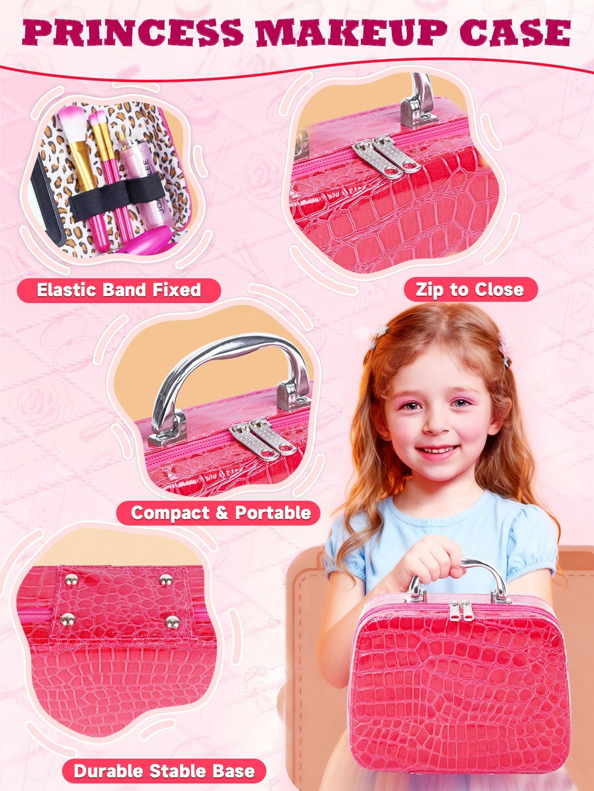 Pretend Makeup Kit for Kids, Hot Pink Makeup Bag Style for Girls' Dress-Up and Beauty Role Play, Not Real Cosmetics, Birthday Gift