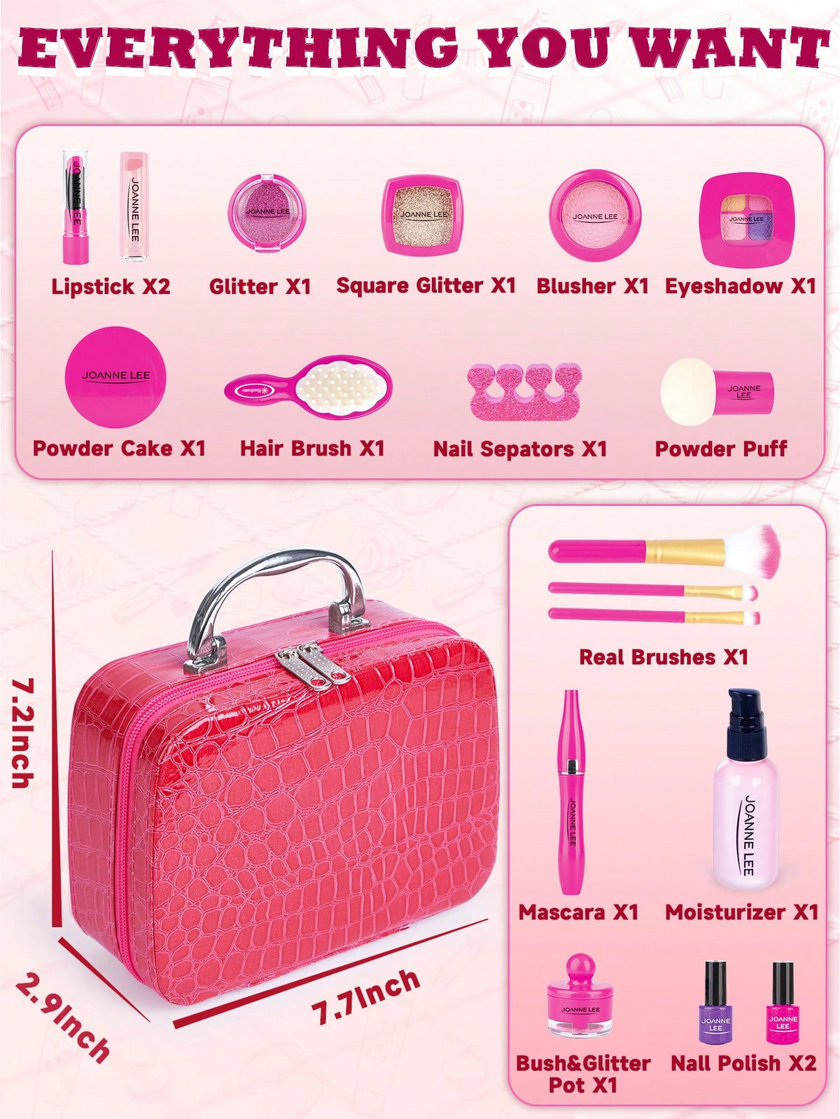 Pretend Makeup Kit for Kids, Hot Pink Makeup Bag Style for Girls' Dress-Up and Beauty Role Play, Not Real Cosmetics, Birthday Gift