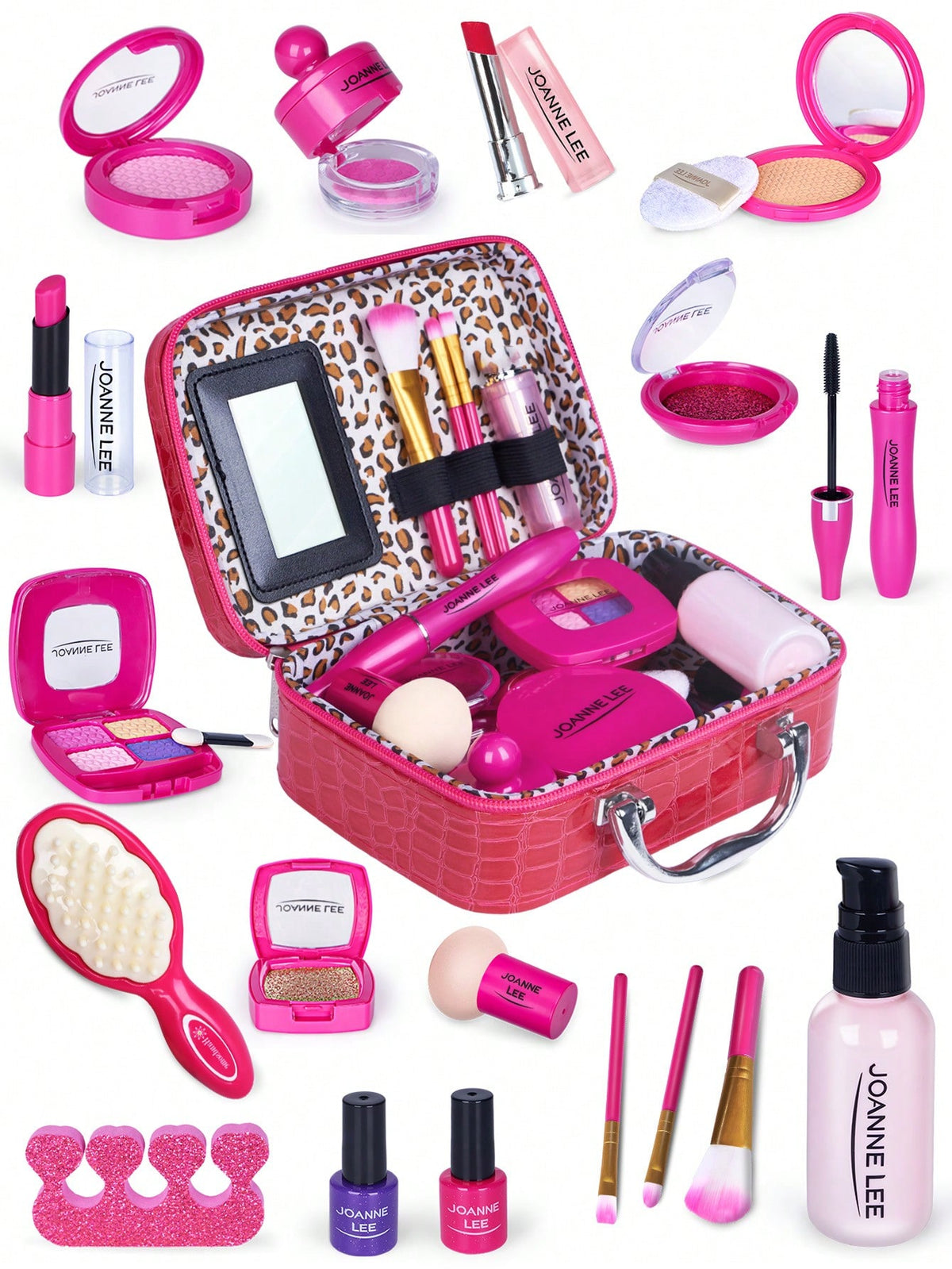 Pretend Makeup Kit for Kids, Hot Pink Makeup Bag Style for Girls' Dress-Up and Beauty Role Play, Not Real Cosmetics, Birthday Gift