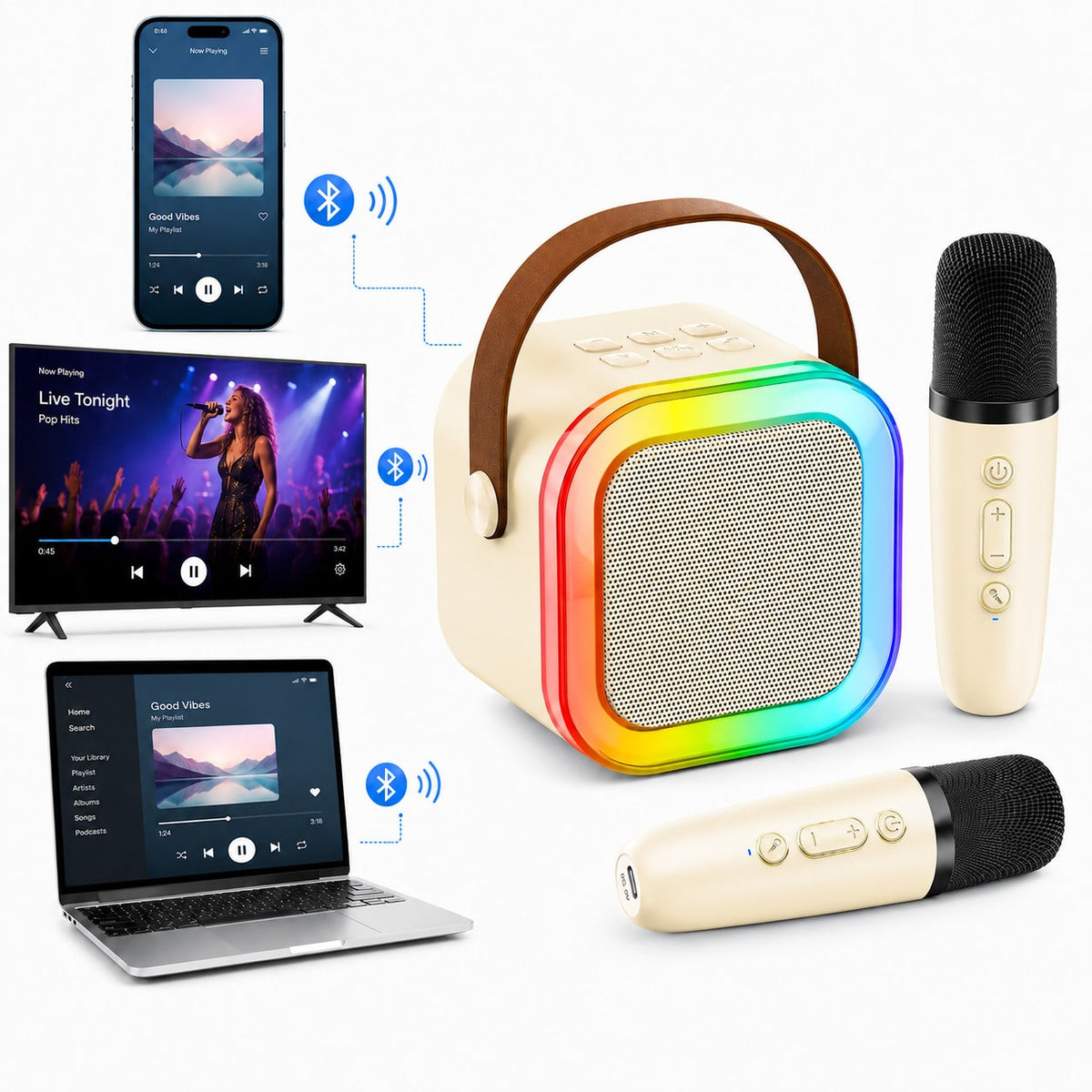 Karaoke Speaker with Dual Wireless Microphones, Mini Bluetooth Singing Machine with 5 Voice Effects and USB TF AUX for Family Parties