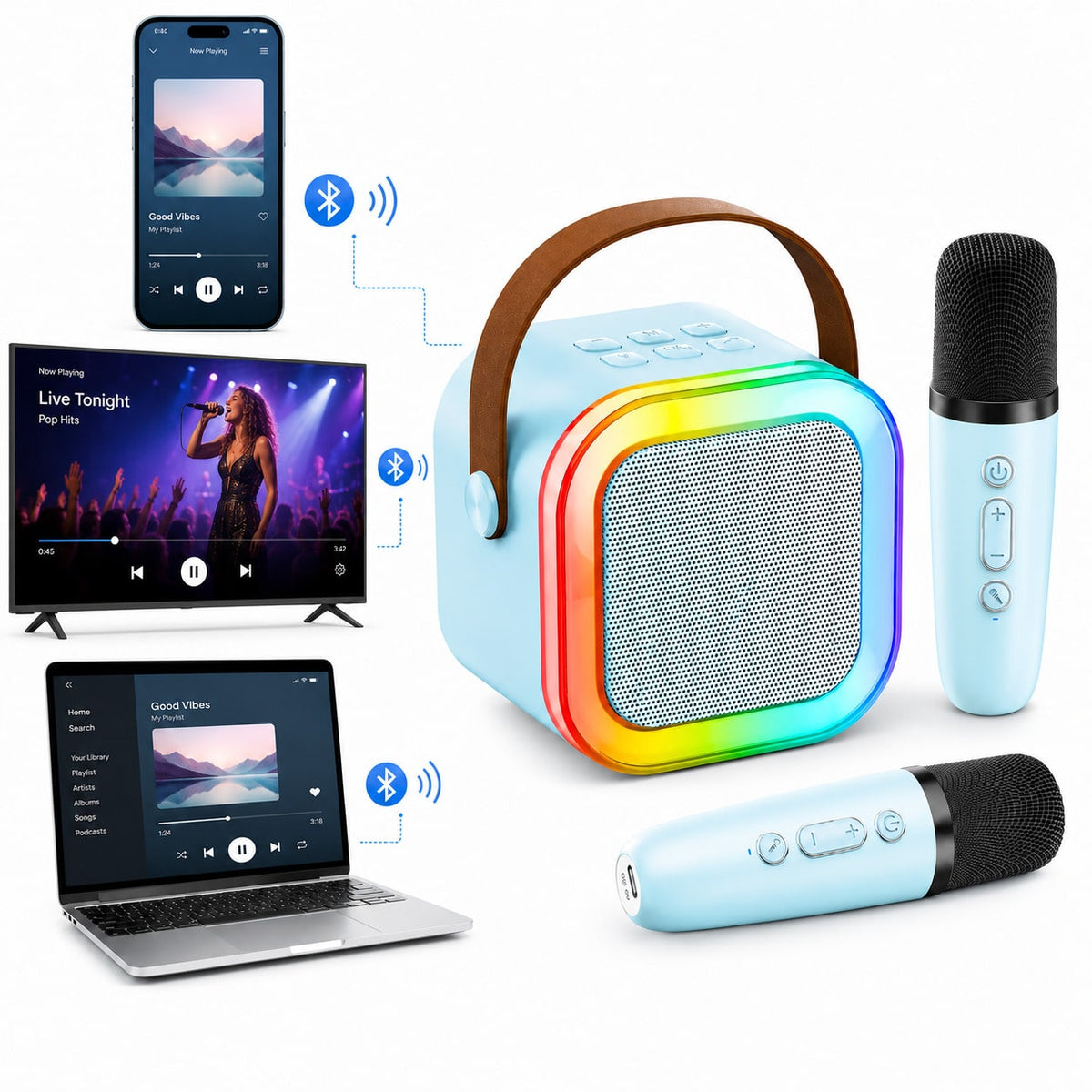 Karaoke Speaker with Dual Wireless Microphones, Mini Bluetooth Singing Machine with 5 Voice Effects and USB TF AUX for Family Parties