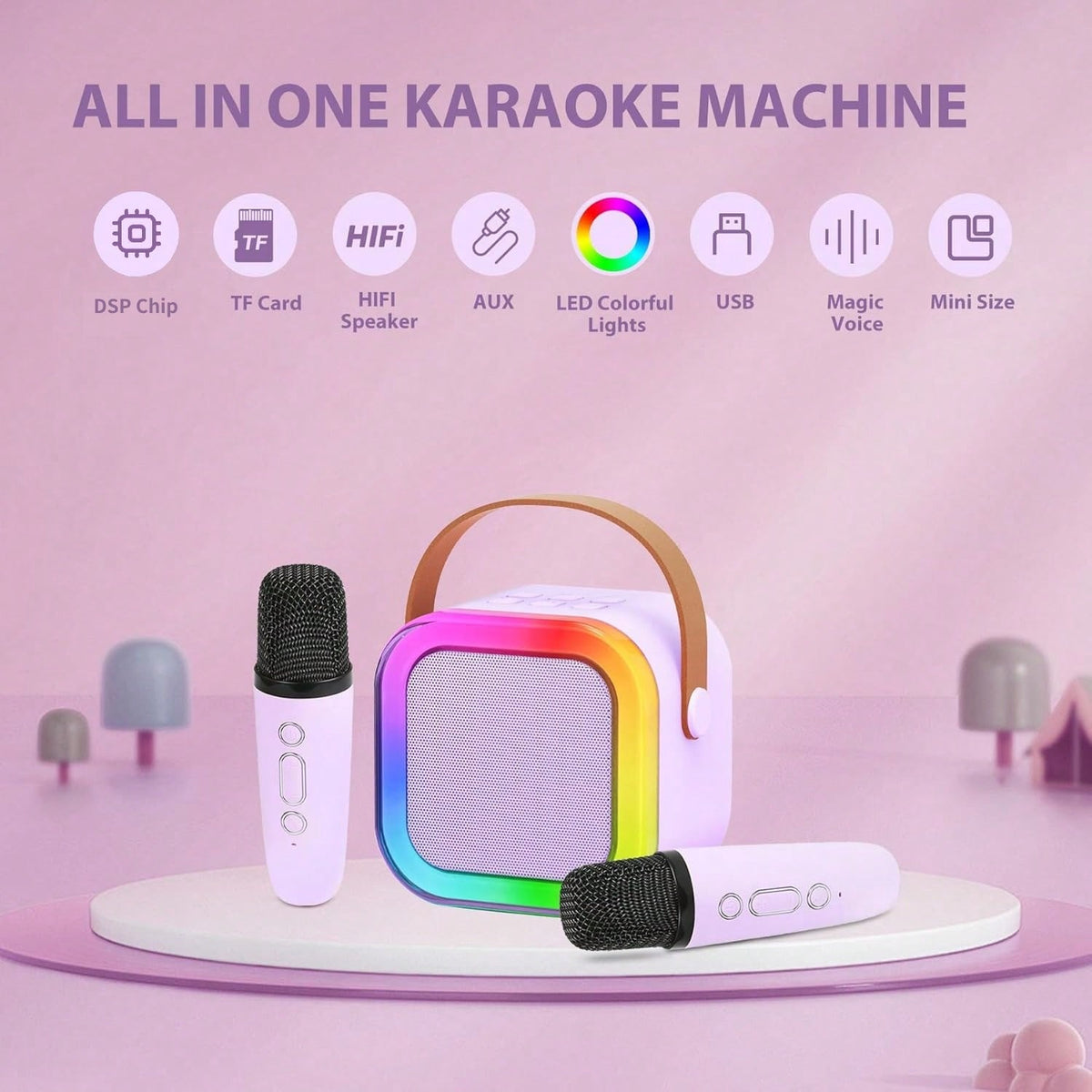 Karaoke Speaker with Dual Wireless Microphones, Mini Bluetooth Singing Machine with 5 Voice Effects and USB TF AUX for Family Parties