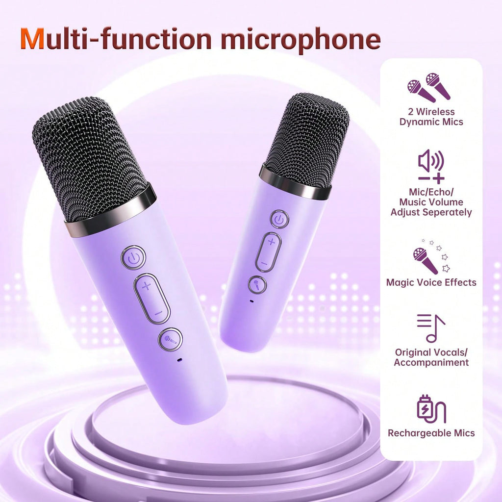 Karaoke Speaker with Dual Wireless Microphones, Mini Bluetooth Singing Machine with 5 Voice Effects and USB TF AUX for Family Parties