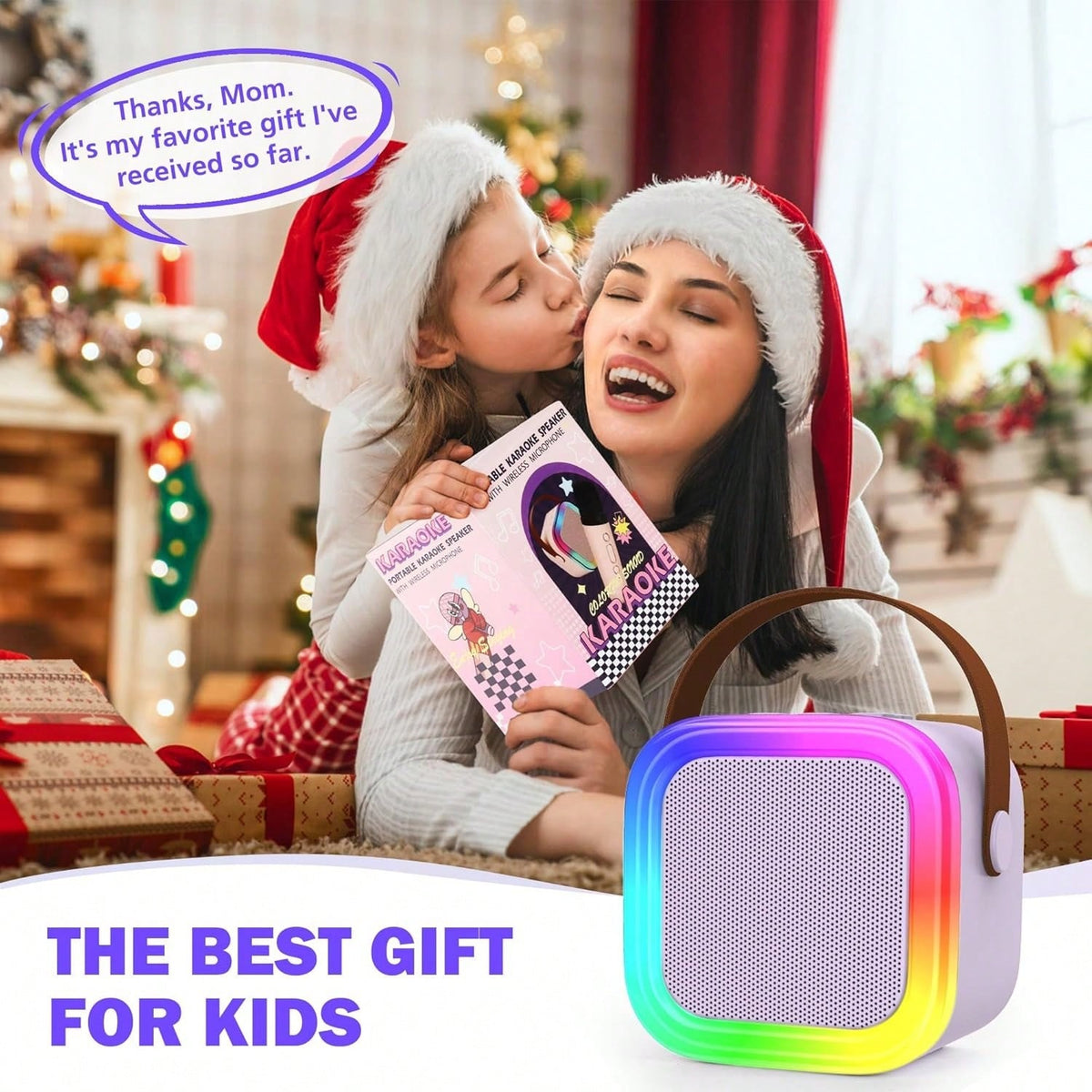 Karaoke Speaker with Dual Wireless Microphones, Mini Bluetooth Singing Machine with 5 Voice Effects and USB TF AUX for Family Parties