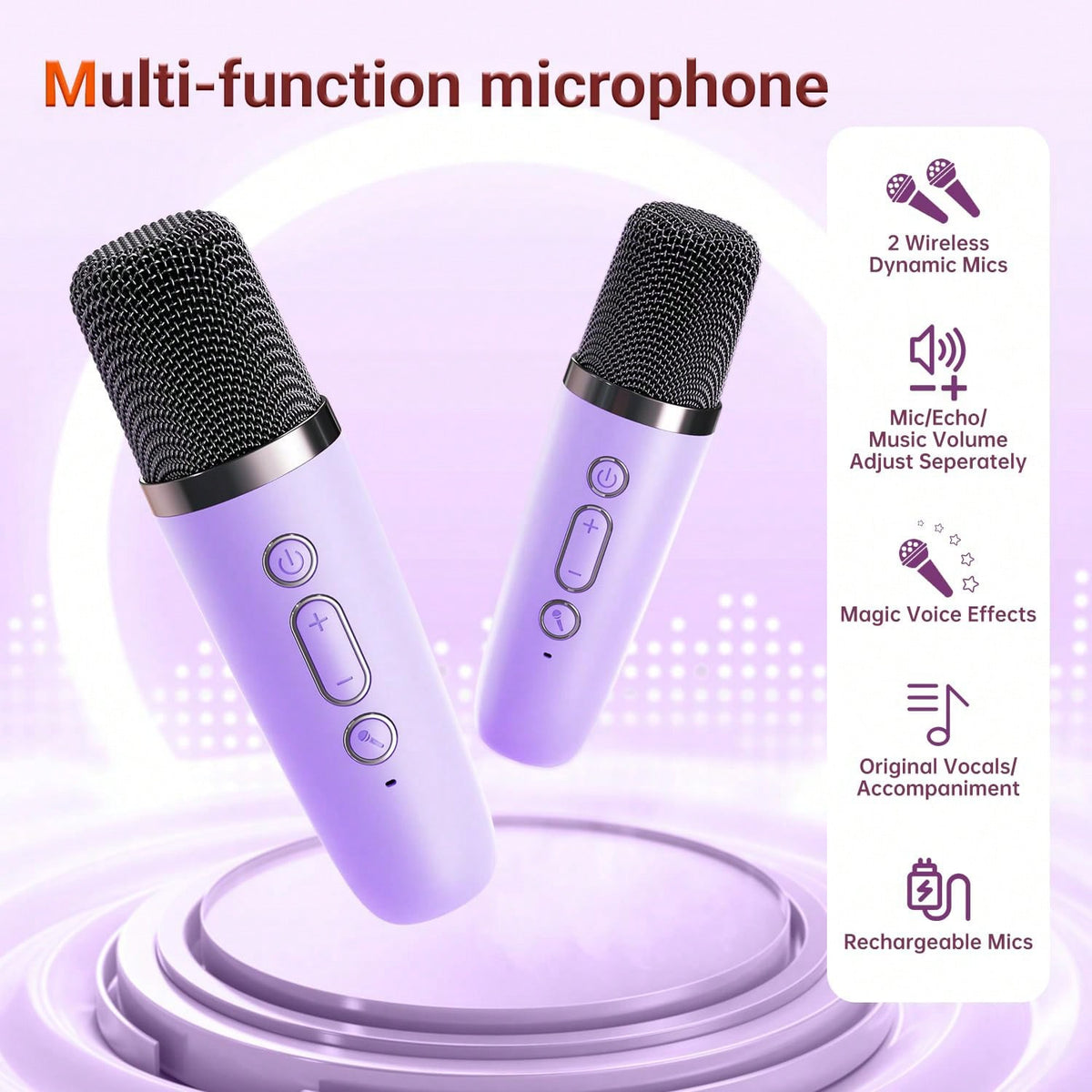 Karaoke Speaker with Dual Wireless Microphones, Mini Bluetooth Singing Machine with 5 Voice Effects and USB TF AUX for Family Parties