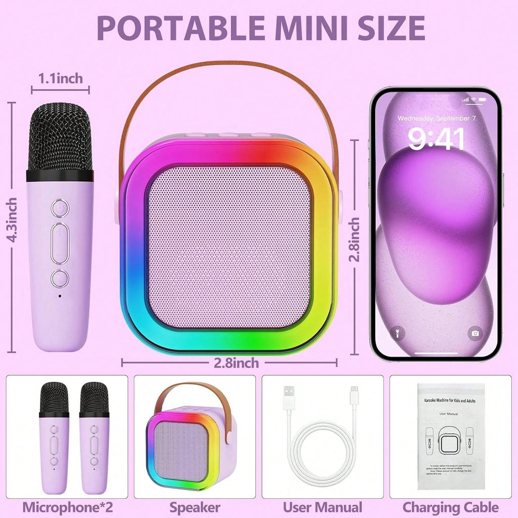 Karaoke Speaker with Dual Wireless Microphones, Mini Bluetooth Singing Machine with 5 Voice Effects and USB TF AUX for Family Parties