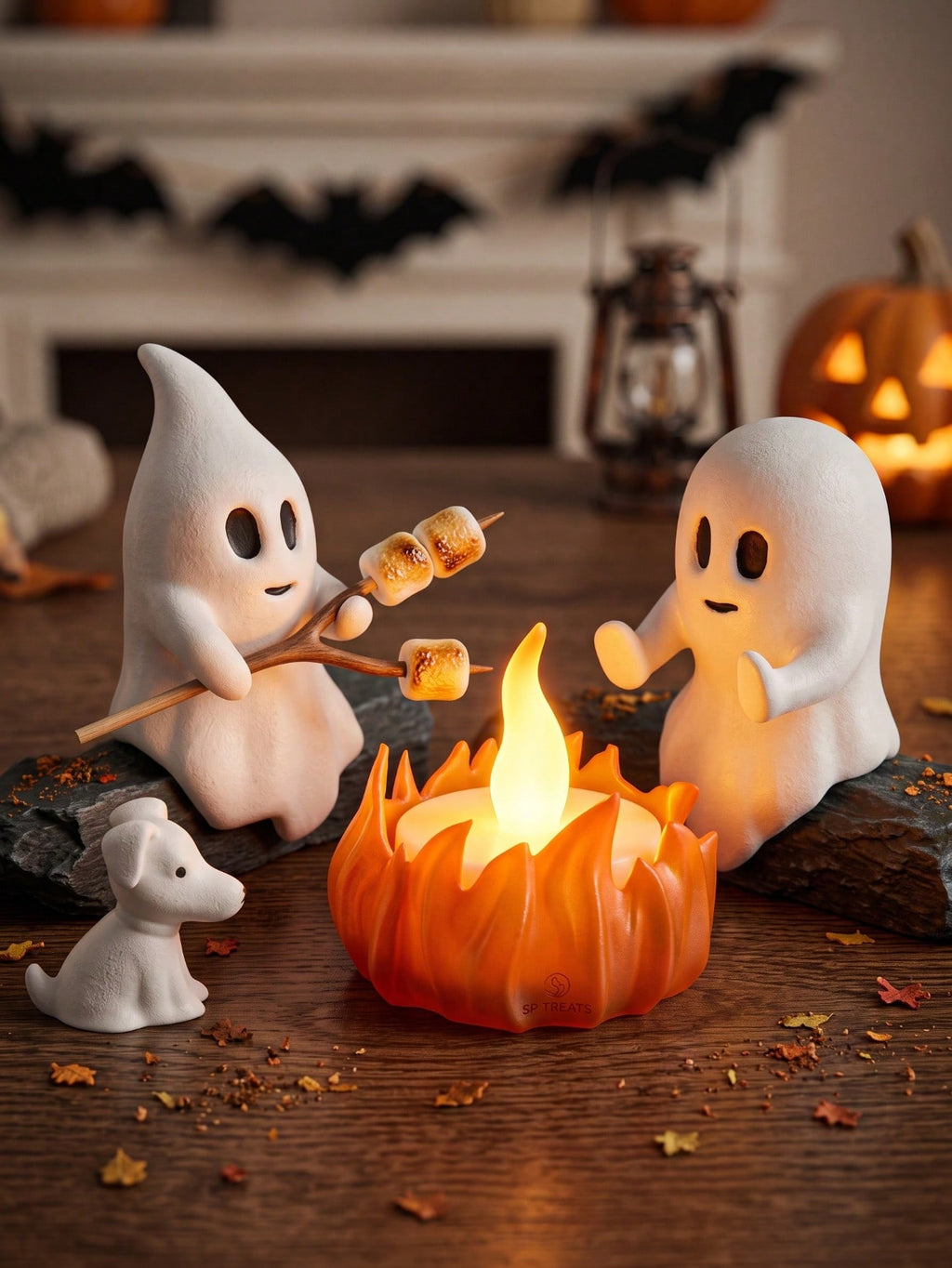 Halloween Ghost Candle Holder with Bonfire Marshmallow Roasting Scene, Ghost and Cat or Dog Figurine for Fall Coffee Table and Mantel Decor, Candle Not Included