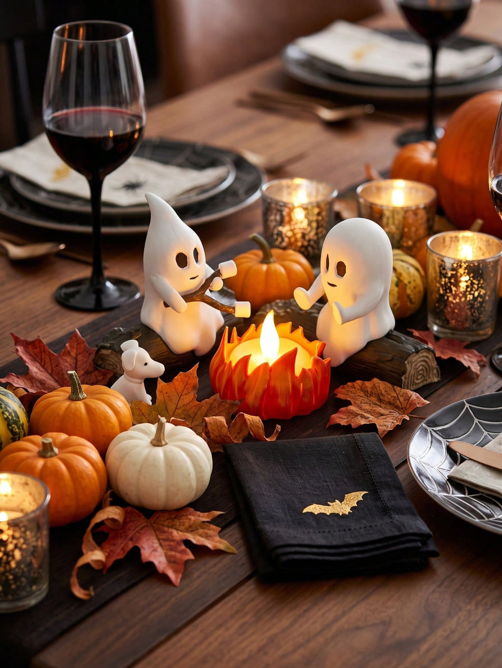 Halloween Ghost Candle Holder with Bonfire Marshmallow Roasting Scene, Ghost and Cat or Dog Figurine for Fall Coffee Table and Mantel Decor, Candle Not Included