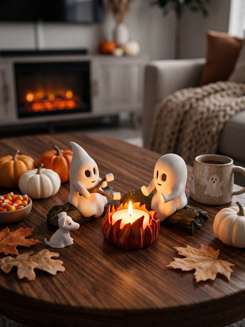 Halloween Ghost Candle Holder with Bonfire Marshmallow Roasting Scene, Ghost and Cat or Dog Figurine for Fall Coffee Table and Mantel Decor, Candle Not Included