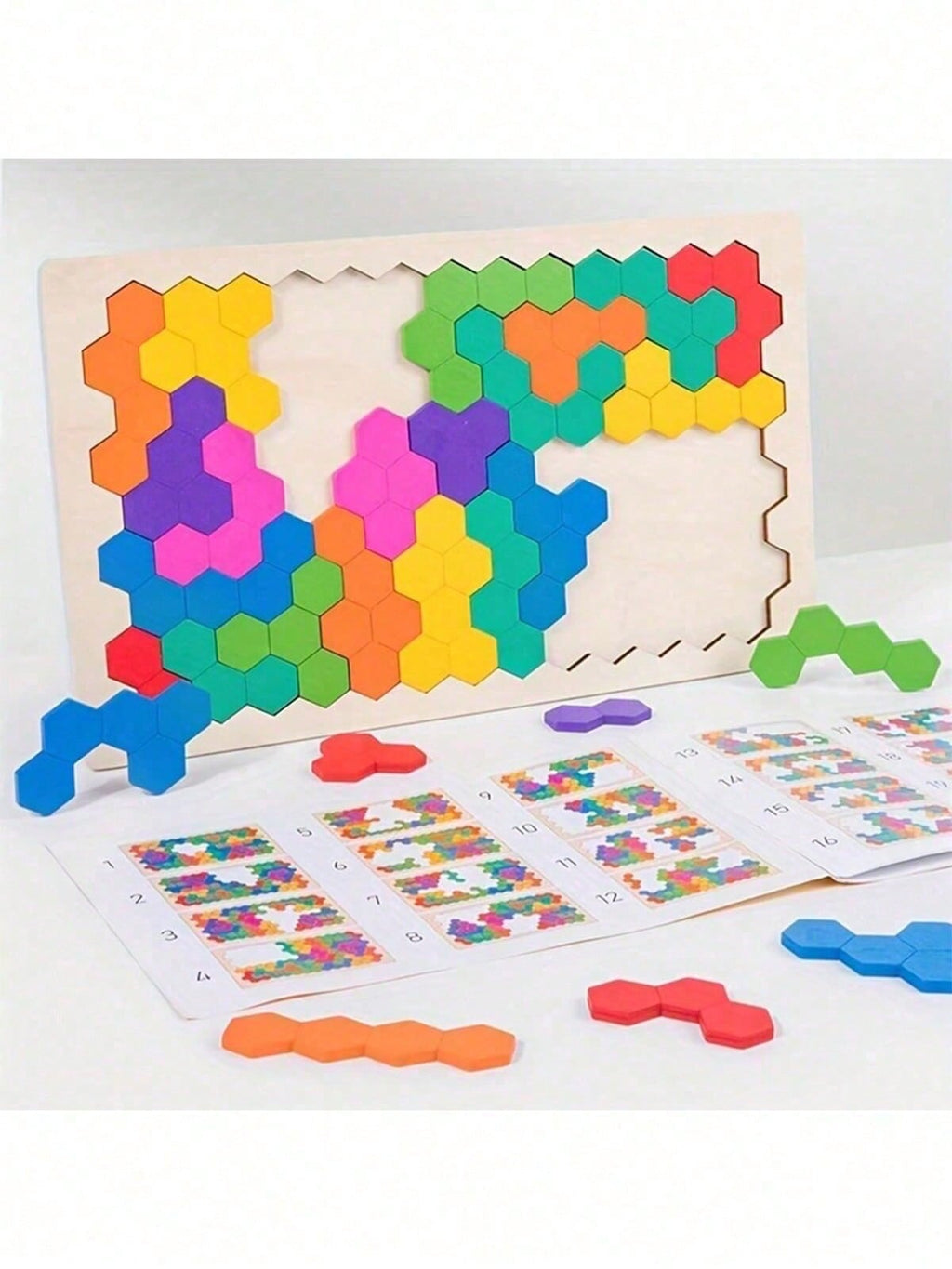 Wooden Rainbow Honeycomb Puzzle Board for Kids, Multicolor Hands-On Logic Activity for Math Exploration, Creative Tabletop Play and Educational Gifts