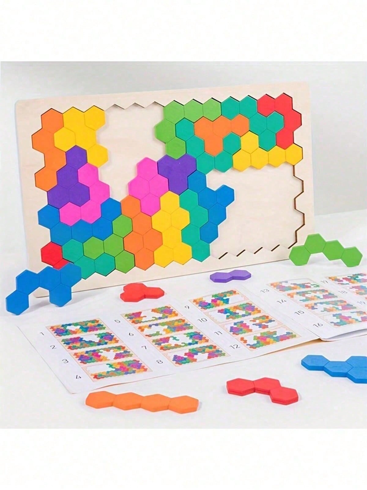 Wooden Rainbow Honeycomb Puzzle Board for Kids, Multicolor Hands-On Logic Activity for Math Exploration, Creative Tabletop Play and Educational Gifts