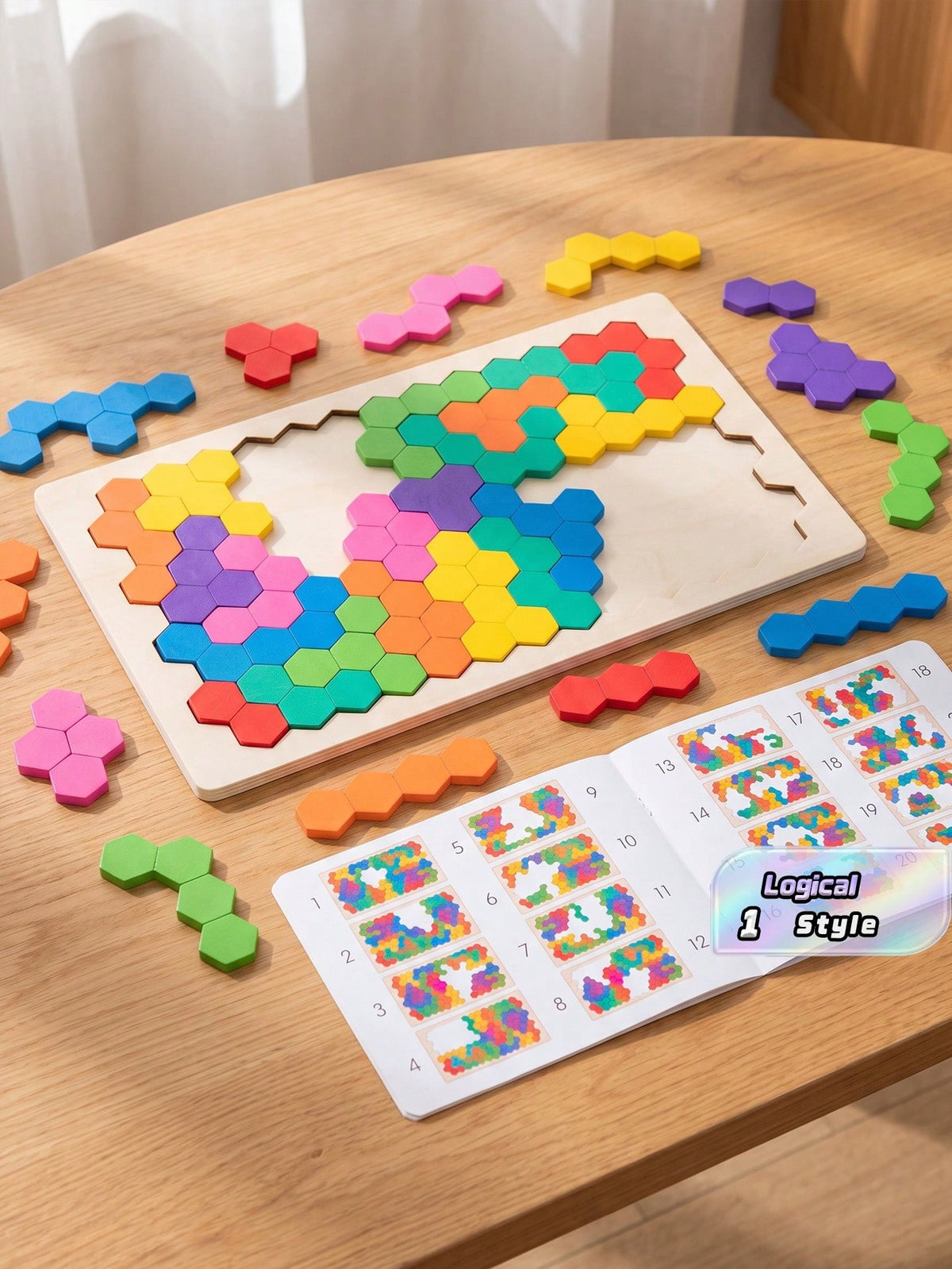 Wooden Rainbow Honeycomb Puzzle Board for Kids, Multicolor Hands-On Logic Activity for Math Exploration, Creative Tabletop Play and Educational Gifts