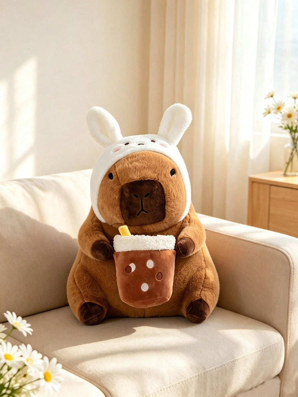 Capybara Stuffed Animal Plush Doll in Flower and Bunny Milk Tea Styles, Soft Animal Gift for Birthdays, Christmas and Bedroom Decor