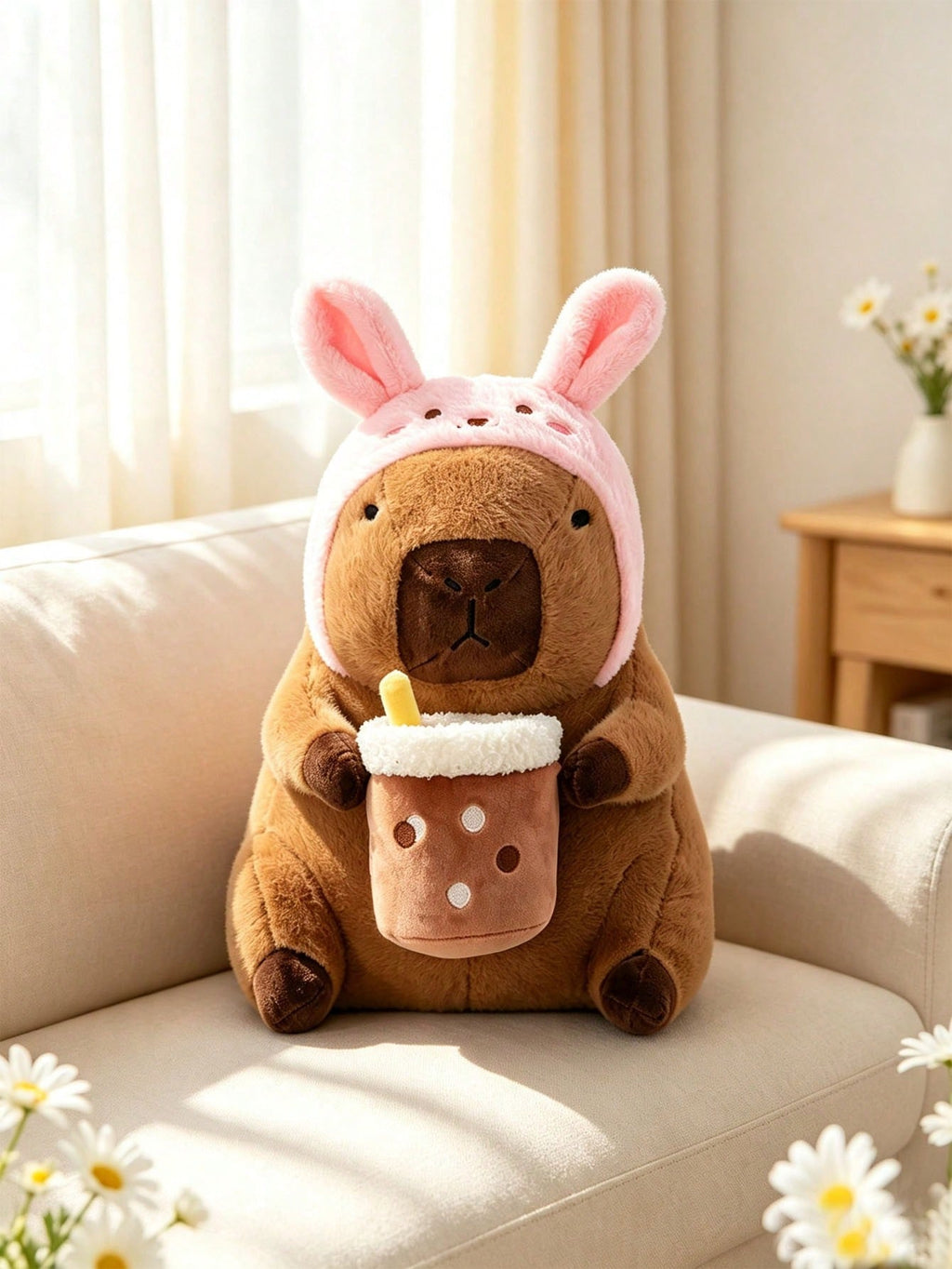 Capybara Stuffed Animal Plush Doll in Flower and Bunny Milk Tea Styles, Soft Animal Gift for Birthdays, Christmas and Bedroom Decor