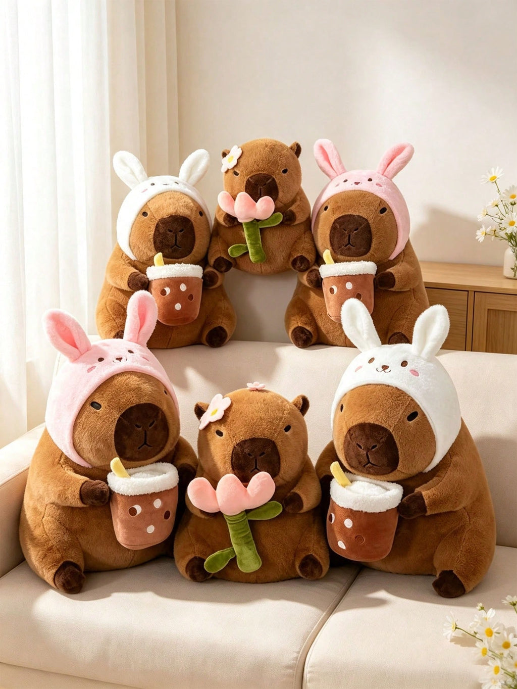 Capybara Stuffed Animal Plush Doll in Flower and Bunny Milk Tea Styles, Soft Animal Gift for Birthdays, Christmas and Bedroom Decor