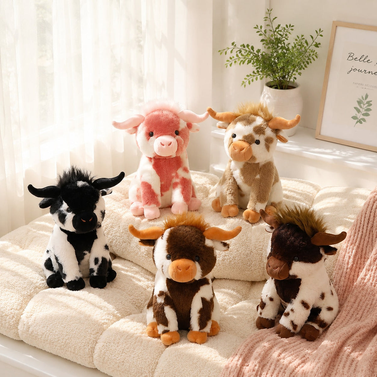 Sitting Cow Stuffed Animal 30cm, Soft Angus Cattle Plush Doll in Five Colors, Decorative Pillow and Farm Animal Birthday Gift for Cow Lovers