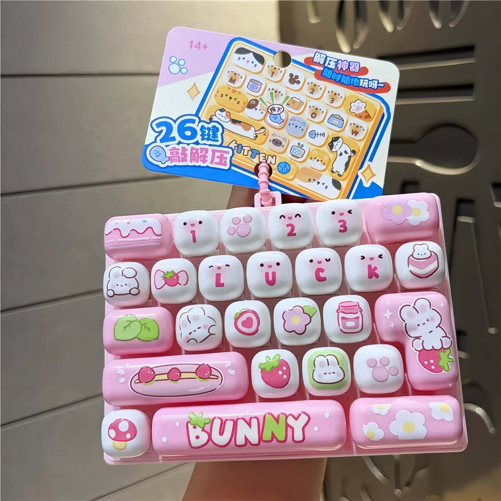 Mechanical Keyboard Fidget Toy with 26 Clicky Keys, Detachable Keycaps and Cartoon Animal Design, Keychain Backpack Charm Gift, 1 Random Style