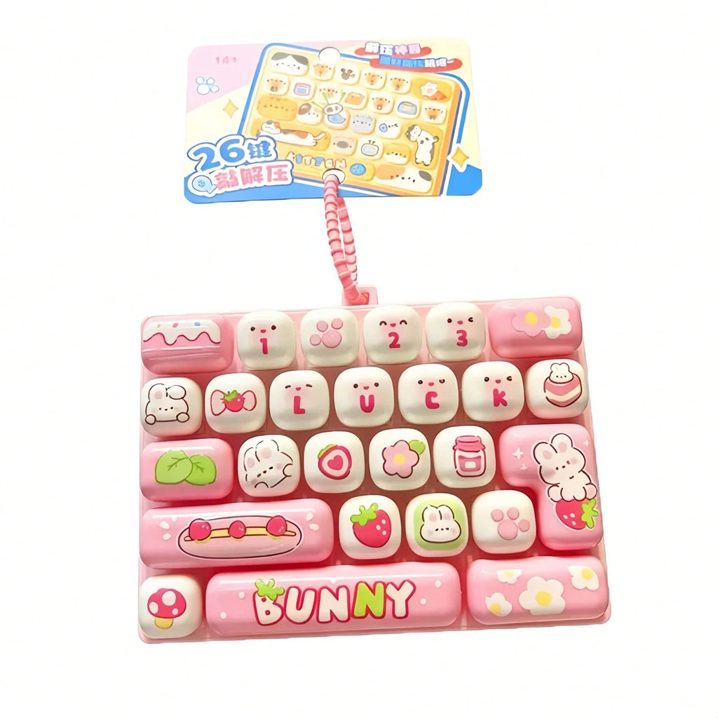 Mechanical Keyboard Fidget Toy with 26 Clicky Keys, Detachable Keycaps and Cartoon Animal Design, Keychain Backpack Charm Gift, 1 Random Style