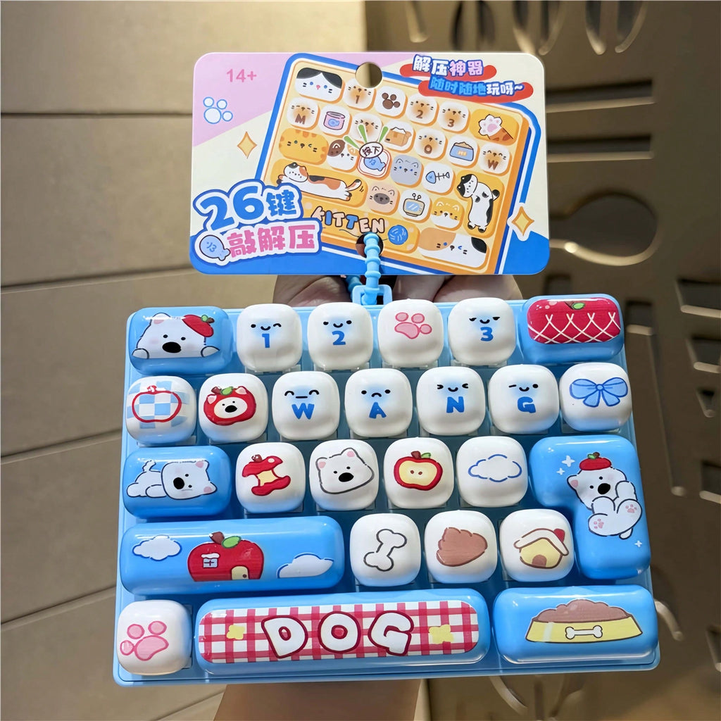 Mechanical Keyboard Fidget Toy with 26 Clicky Keys, Detachable Keycaps and Cartoon Animal Design, Keychain Backpack Charm Gift, 1 Random Style